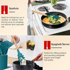 Kitchen Utensils Set of 6, E-far Silicone Cooking Utensils with Wooden Handle, Non-stick Cookware Friendly, Includes Spatula/Ladle/Slotted Turner/Serving Spoon/Spaghetti Server(Teal Blue)