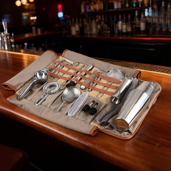 Bartender Travel Kit with Waxed Bag | 22 Piece Bar Set in Roll | Portable Cocktail Tools for Home & Travelling Bartending – Professional Boston Shakers, Unbreakable Melon Squeezer, Accessories