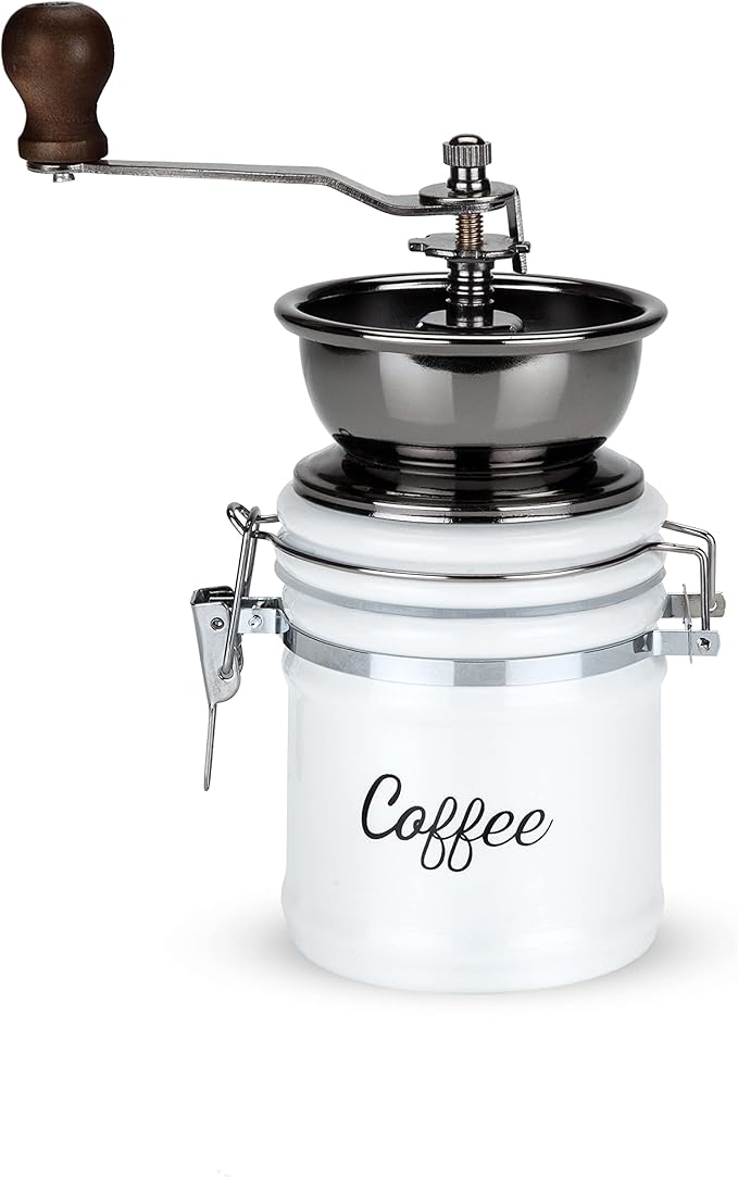 Twine Handheld Vintage Coffee Grinder, Manual Adjustable Design with Wood Handle and White Ceramic Jar, Set of 1