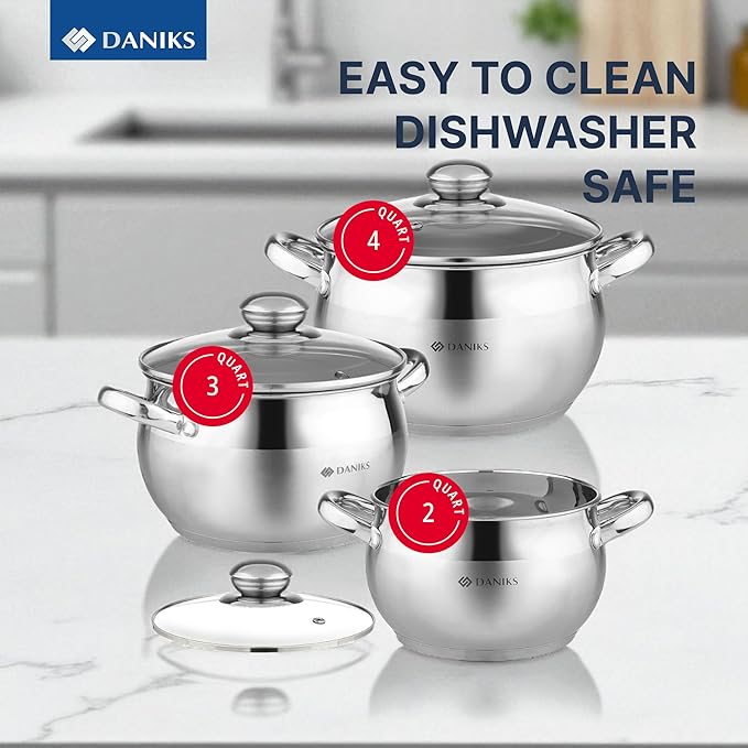 Daniks Classic 6-Piece Stainless Steel Cookware Set with Glass Lids, Tri-Ply Bases for Even Heating, Induction Compatible, Dishwasher Safe
