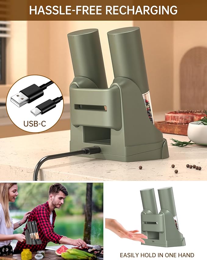 CIRCLE JOY Electric Salt and Pepper Grinder Set Automatic Salt and Pepper Grinder Set with Easy-to-Carry Charging Base and LED Light, USB Rechargeable, Upgrade External Adjustable Coarseness, Green