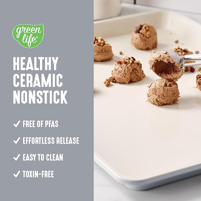 GreenLife Bakeware 18” x 13” Half Cookie Sheet Baking Pan, Non-Toxic PFAS-Free Healthy Ceramic Nonstick, Oven Safe to 450°F, Easy Release, Even Heating, Easy Clean, Gray