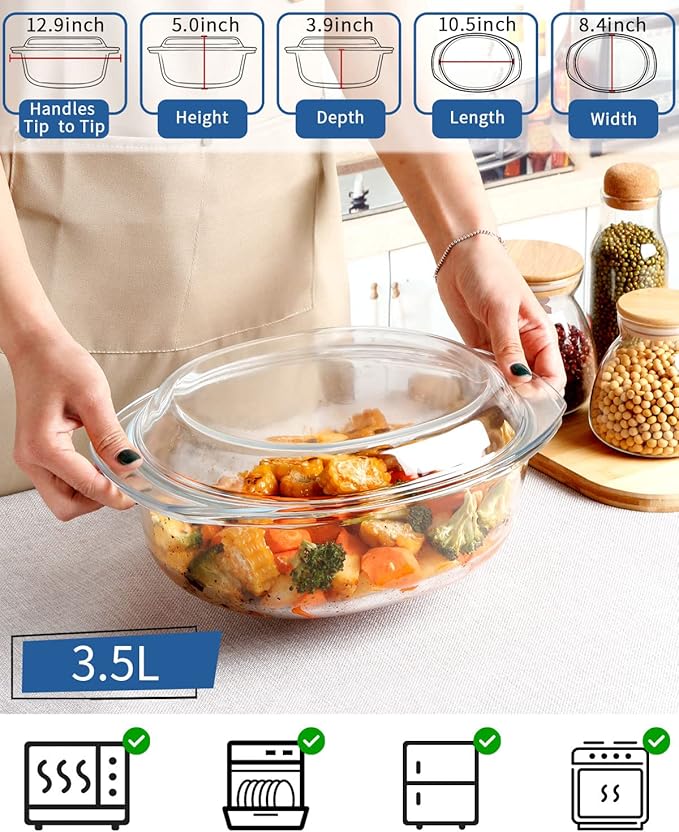 Oval Glass Casserole Dish With Lid Glass Casserole Dishes With Lids Glass Microwave Casserole dish with Lid Covered Glass Bakeware Oven Safe, Glass Casserole With Lid 3.5 Litres