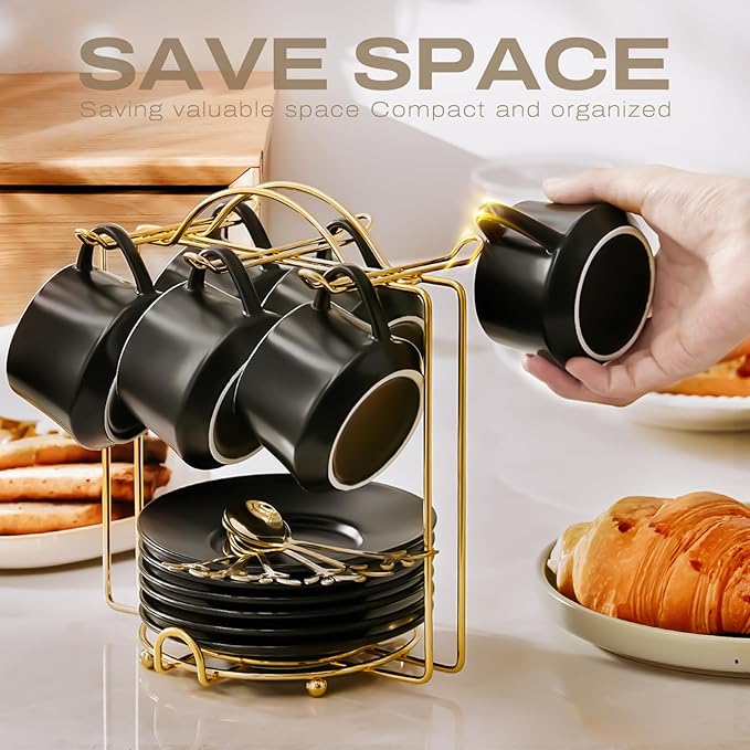 Lareina 3-Ounce Porcelain Espresso Cups Set of 6, Stackable Coffee Cups with Saucers, Spoons and Metal Stand, Ceramic Demitasse Mugs, Espresso Accessories for Machine, Black