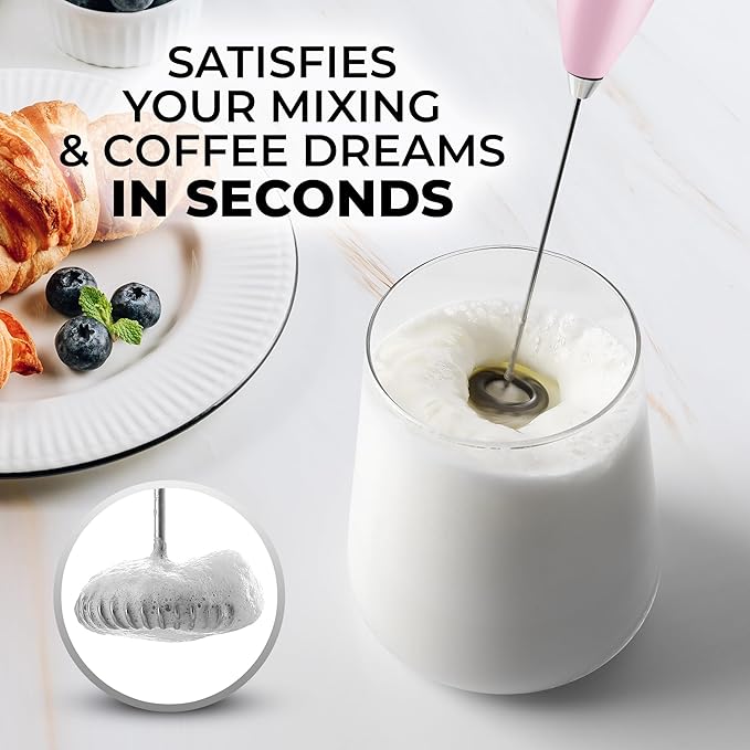 Zulay Powerful Milk Frother for Coffee with Upgraded Titanium Motor - Handheld Electric Whisk, Milk Foamer, Mini Mixer & Coffee Blender for Frappe, Latte, Matcha, No Stand - Pink