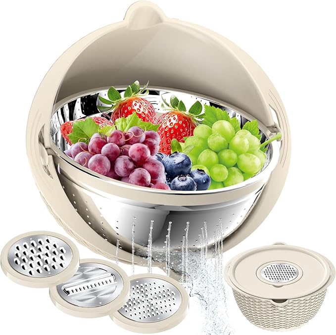 4-1 Colander with Bowl Set, Food Strainers and Colanders, Fruit Washing Bowl with Strainer, Rotatable Colander for Kitchen, Aesthetic Kitchen Gadget - Beige