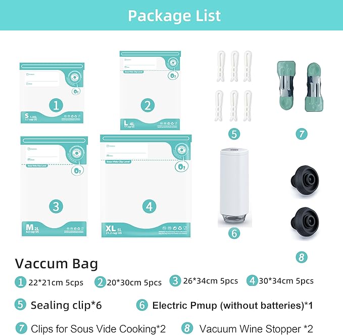 31 PCS Electric Vacuum Sealer, Sous Vide Bags, Portable Mini Vacuum Sealer with 20Pcs Reusable Food Saver Sealer Bags, 4 Sealing Clip, 2 Clips for Sous Vide Cooking, 2 vacuum wine stoppers