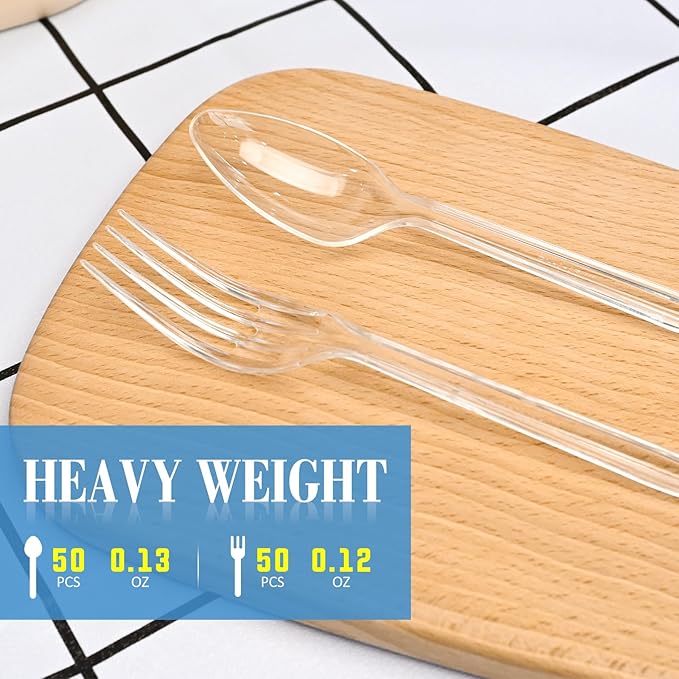 100 Count Plastic Silverware, Heavy Duty Plastic 50 Forks & 50 Spoons Disposable Utensils Cutlery Set for Party Supplies