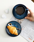 Hasense Ceramic Cappuccino Cups and Saucers Set of 4, Ribbed 6 Oz Demitasse Tea Cup with big Handle, Mugs Set for Coffee,Tea,Latte and Mocha, Aesthetic Gift for Anniversary or Holiday, Blue