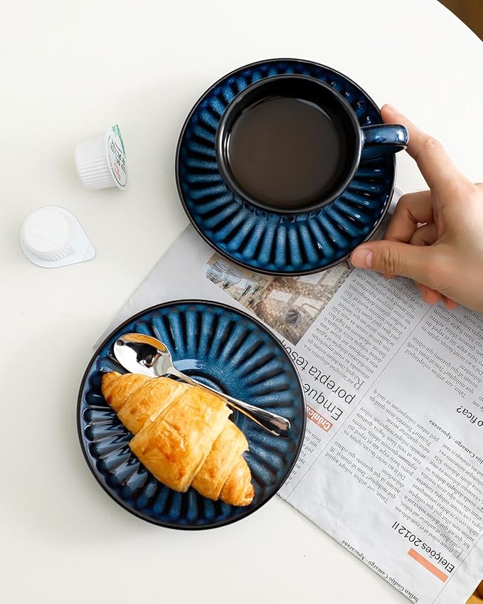 Hasense Ceramic Cappuccino Cups and Saucers Set of 4, Ribbed 6 Oz Demitasse Tea Cup with big Handle, Mugs Set for Coffee,Tea,Latte and Mocha, Aesthetic Gift for Anniversary or Holiday, Blue