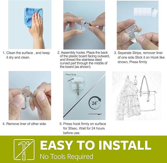 32 Clear Small Wall Hooks with 40 Removable Strips, Wire Toggle Hooks for Walls no Damage, Utility Hooks Heavy Duty with Adhesive Strips for Hanging, No Tools, Value Pack