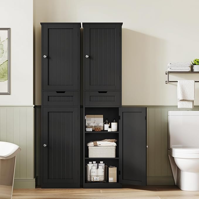 67" H Tall Storage Cabinet with 2 Doors and 1 Drawer, Narrow Black Cabinet with Adjustable Shelves, for Bathroom, Living Room, Entryway, Kitchen, Black