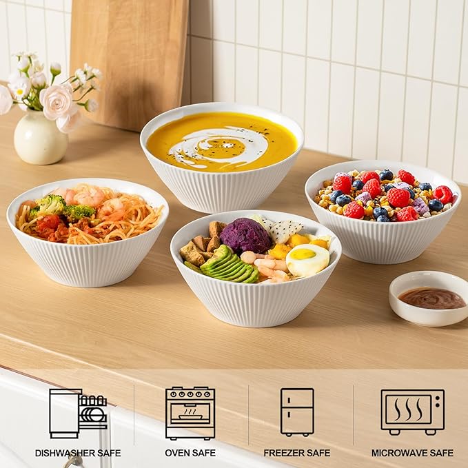 Ceramic Bowls for Kitchen - Set of 6, 30 oz Cereal Bowl Set, Soup Bowls, White Ceramic Bowls for Dessert, Salad, Pasta, Soup etc, Microwave, Dishwasher & Oven Safe