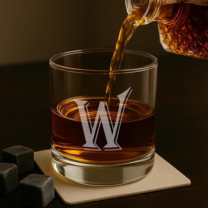 (W-Monogram)- 4 Piece Set of 11 Ounce Engraved Heavy Base Rocks Glasses- Quality Elegant Glass-Multi-Purpose Beverage-Rocks Glass- For any Occasion- By: On The Rox