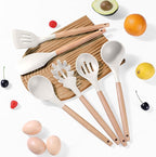 P&P CHEF Cooking Utensils Set, 6 PCS Kitchen Utensils with Wooden Handle, Silicone Spatula for Nonstick Cookware, Easy Clean & Non-toxic, Khaki