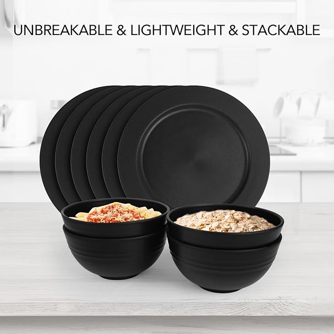 greenandlife 24oz/4PCS Wheat Straw Cereal Bowls, Lightweight Unbreakable Noodle Fruit Soup Rice Bowls Dishwasher Microwave Safe Bowl Sets, Non-toxin, BPA Free, Black