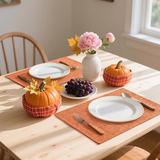 Homaxy Cloths Placemats for Dining Table Set of 8, Heat Resistant Washable Cotton Linen Blend Table Mats, Ideal for Kitchen Party Dining Decoration, 13" x 19", Orange