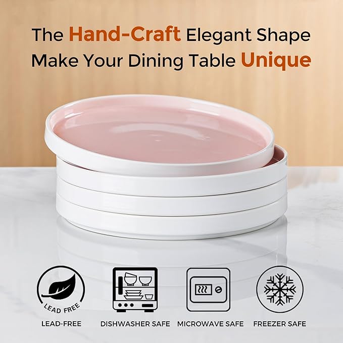 AmorArc Ceramic Plates Set of 6, 8.0 Inch Round Stoneware Salad Plates Use for Dessert, Salad, Appetizer etc,Microwave and Dishwasher Safe, Scratch Resistant Small Deep Dinner Plates-Cloud Pink