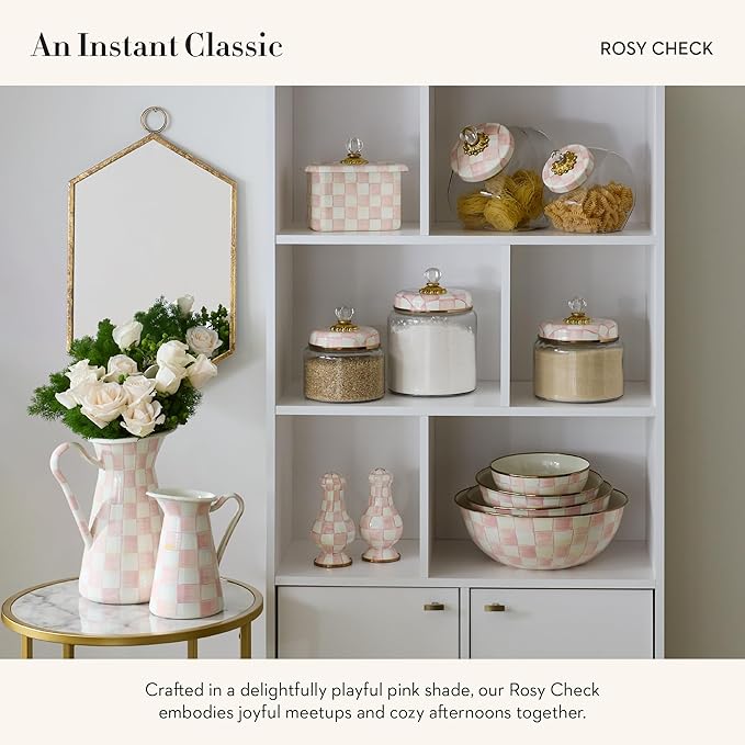 MACKENZIE-CHILDS Enamel Everyday Bowl, Serving Bowl for Entertaining, Small, Pink-and-White Rosy Check, Set of 1