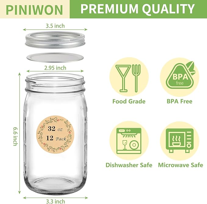 Wide Mouth Mason Jars 32 oz with Airtight Lids and Bands, 12 Pack Quart Canning Jars, Clear Glass Mason Jars for Canning, Pickling, Preserving, Meal Prep, DIY Projects
