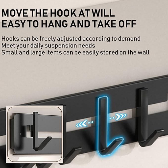 Adjustable Wall Mount Utensil Rack, Black Metal,8 Movable Hooks, 17.32x1.85 Inch, for Kitchen, Bathroom Storage