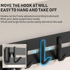 Adjustable Wall Mount Utensil Rack, Black Metal,8 Movable Hooks, 17.32x1.85 Inch, for Kitchen, Bathroom Storage