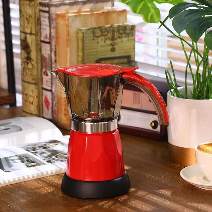 Electric Espresso Maker Transparent Coffee Maker Electric Moka Pot Portable Aluminum Espresso Machine Italian Moka Pot with Detachable Base, Coffee Gift for Women Men Home Travel(Red,6 Cup)