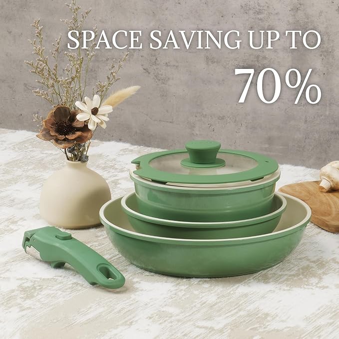 Ceramic Cookware Set Non Stick 8Pcs Pots and Pans Set Detachable Handle Induction Kitchen Cooking Set with Frying Pans Oven Dishwasher Safe, PFAS/PFOA Free, Forest Green