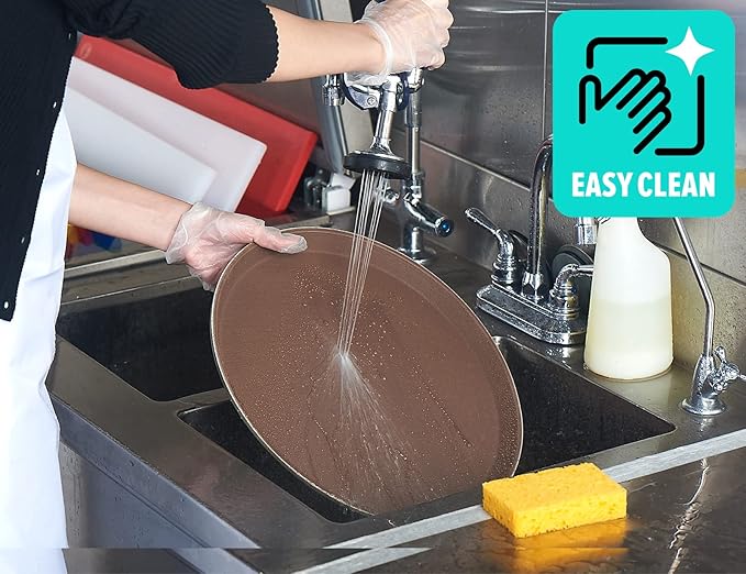 CURTA 2-Pack Restaurant Grade Non-Slip Tray, NSF, 16 Inch, Plastic Rubber Lined Anti-Skid Round Serving Tray, Brown