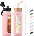 Kodrine Water Bottle with Straw, 24 oz Glass water Bottle with 2 Lids Bamboo Straw Lid and Spout Lid with Handle, 32 oz Clear Water Bottle Glass for Sports Travel, Waterbottle with Time Marker