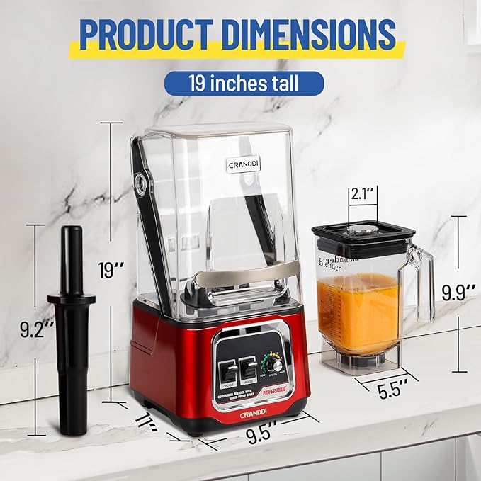 CRANDDI Professional Smoothie Blender, 2200W Commercial Soundproof Quiet blender with Removable Soundproof Shield for Crushing Ice, MilkShakes, Puree, Self-Cleaning, 50oz 110V K80 (Red)