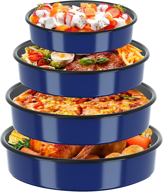 Baking Pans Set Round Roasting Dish 4-Pack 9/10/12/14 Inch Enamel Non Stick Large Bakeware for Cake Bread Pie Pizza Turkey Steak, Non-Toxic Oven Dishwasher Safe Christmas Cookware