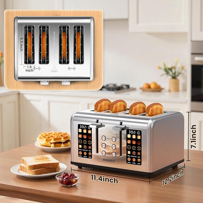 4 Slice Touch Screen Toaster, Stainless Steel Toaster with Wide Slots for Bagels and Bread, Reheat/Defrost/Cancel Functions, Removable Crumb Tray, Silver