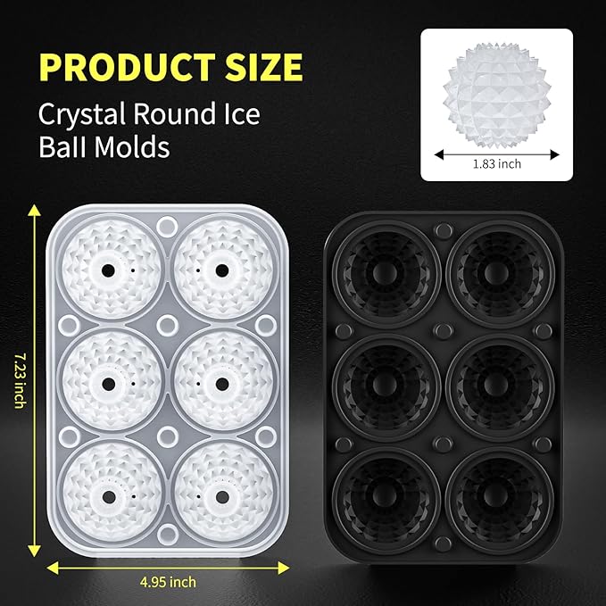 6 Chamber 1.83” 3D Crystal Round Ball Ice Cube Tray With Funnel,Large Circle Ice Molds Silicone Fun Shapes Whiskey Sphere Ice Tray,For Chilling Whiskey,Cocktails,Bourbon,Brandy and Beverages