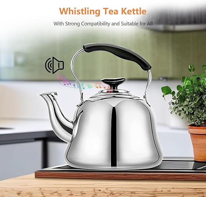 2L Whistling Stovetop Tea Kettle - Food Grade Stainless Steel Teapot with Fast Boil, Wide Mouth, Folding Handle, Ideal for Stove Top – Perfect for Tea, Coffee & Hot Water, Mirror Finished