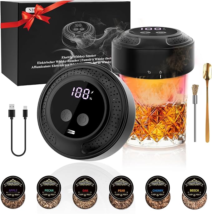 Electric Whiskey Smoker Kit, Cocktail Smoker Kit with LED Display Ambient Light Old Fashioned Smoker Kit with 6 Wood Chips Flameless Drink Smoker Kit Dad Birthday Gift Husband Men for Christmas