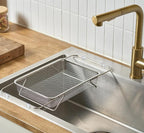 Extendable Dish Rack with Feet, Vegetable Colander Basket, Stainless Steel Dish or Silverware Drying Rack, Ultimate Kitchen Organizer Over The Sink (11.81 x 8.27 x 2.76 Inches)