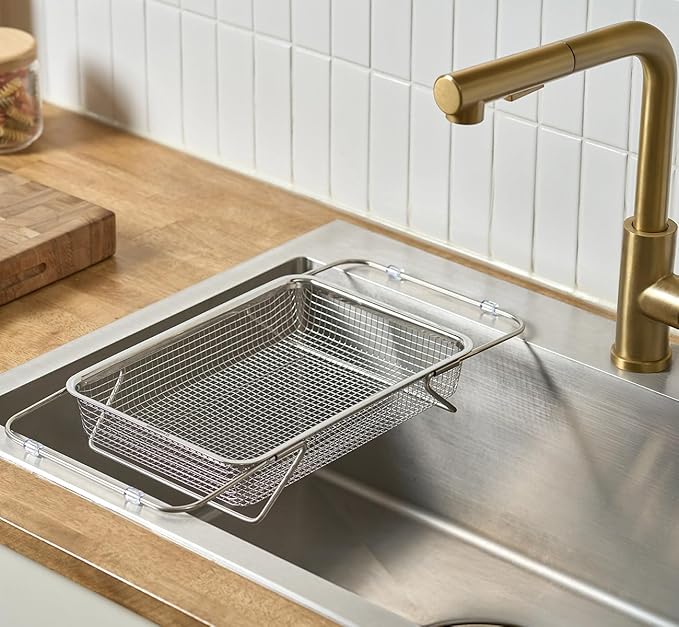 Extendable Dish Rack with Feet, Vegetable Colander Basket, Stainless Steel Dish or Silverware Drying Rack, Ultimate Kitchen Organizer Over The Sink (11.81 x 8.27 x 2.76 Inches)