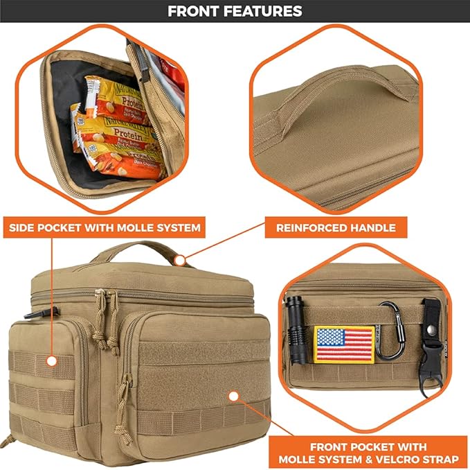 opux Tactical Lunch Box for Men, Tan Mens Insulated Lunch Bag for Adult, Leakproof Soft Lunch Cooler with MOLLE Mesh Side Pockets, Multicam Heavy Duty Lunchbox Pail for Work Women, Large, 18 Cans