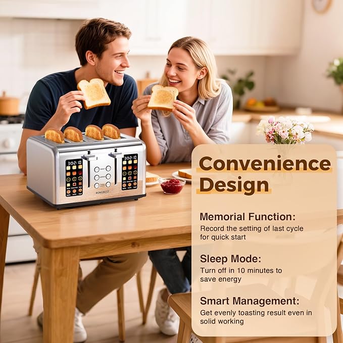 4 Slice Touch Screen Toaster, Stainless Steel Toaster with Wide Slots for Bagels and Bread, Reheat/Defrost/Cancel Functions, Removable Crumb Tray, Silver