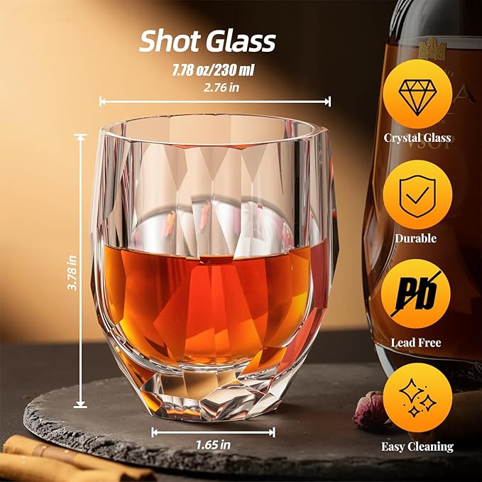 KAMMAK Geometric Faceted Whiskey Glass Modern Crystal Tumbler with Thick Stable Base 7.78 oz Lead-Free Elegant Barware for Scotch, Bourbon, Cocktail, Wine - Ideal Gift & Modern Home Drinkware