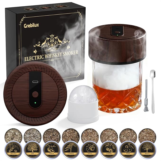 Vintage Electric Whiskey Smoker Kit with 8 Wood Chip Flavors – Rechargeable Whiskey Smoker with Built-in Ignition, Fuel-Free – For Men, Dad, Husband on Special Occasions – Wood Grain Design