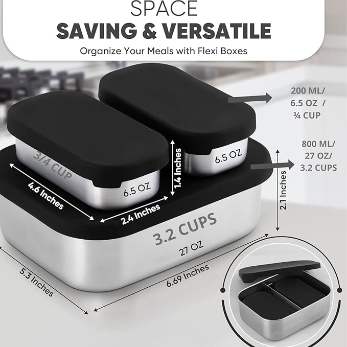 Flexibento - Leak proof Stainless Steel Lunch Box | Bento Box |Food , Lunch Containers with Silicone Lids| sandwich and Snack Containers |Metal lunch Box |Black | 27 OZ, 2*6.5 OZ| Adjustable Divider