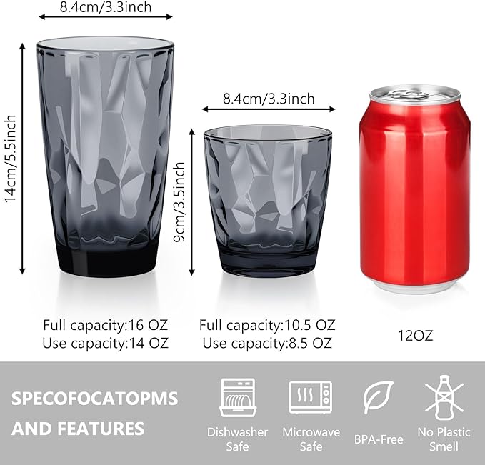 Topsky 10 oz Plastic Water Tumblers | Set of 4 Transparent Unbreakable Drinking Glasses Clear Acrylic Reusable Juice Wine Cups for Home Picnic Party, Dishwasher Safe, Stackable (Gray)