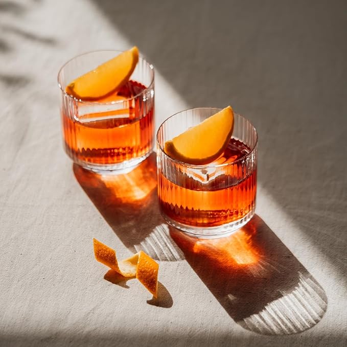 NUDE Whiskey Glasses Set of 4 SOF – 9.25 oz Lead-Free Crystal Old Fashioned Rocks Glasses for Whisky, Scotch & Bourbon – Etched Linear Pattern, Dishwasher Safe Barware