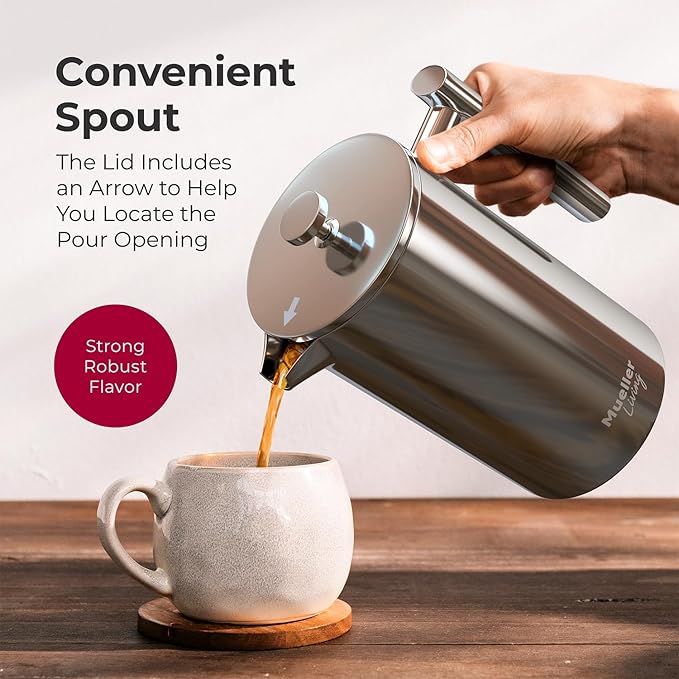 MuellerLiving French Press Coffee Maker 34oz, Stainless Steel French Press Coffee, 4 Filter Heat Resistant Double Insulated, Rust-Free, Food Grade, Dishwasher Safe Coffee Pot