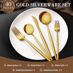 CEKEE Gold Silverware Set, 40 Piece Gold Utensils Set Service for 8, Stainless Steel Flatware Set Include Knives Spoons and Forks Cutlery Set for Kitchen Home Restaurant Wedding, Satin Finish