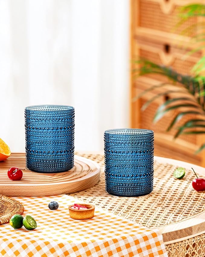YOUBET 24PCS Plastic Drinking Glasses - 14OZ Blue Hobnail Drinkware Glasses - Vintage Glassware Textured Beaded Cups for Water, Beer, Whiskey, Juice and Various Mixed Drinks