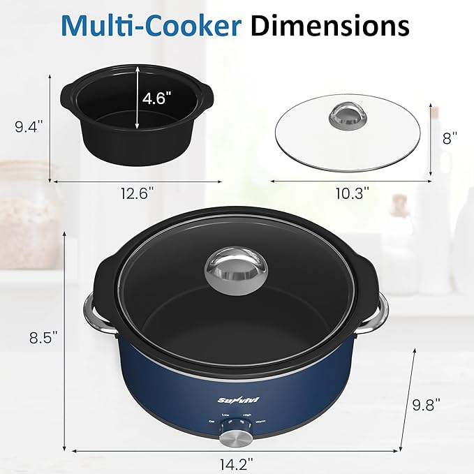 3QT Slow Cooker, Small Crock with 3 Heating Settings & Removable Ceramic Pot, Mini Food Warmer with Dishwasher Safe Glass Lid & Crock, Stainless Steel, Blue