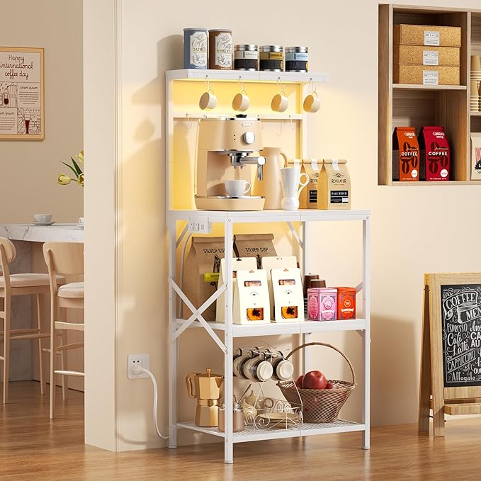 Kitchen Bakers Rack with Power Outlet & LED Lights, Small Coffee Bar Table with Adjustable Storage Shelf, 4 Tiers Microwave Stand with 8 Hooks, Coffee Station for Appliance Organizer, White